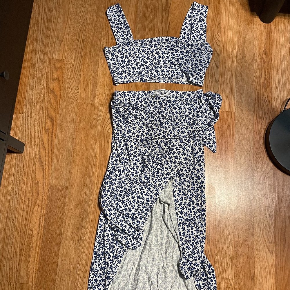 Reformation Blue and White Floral Skirt Set